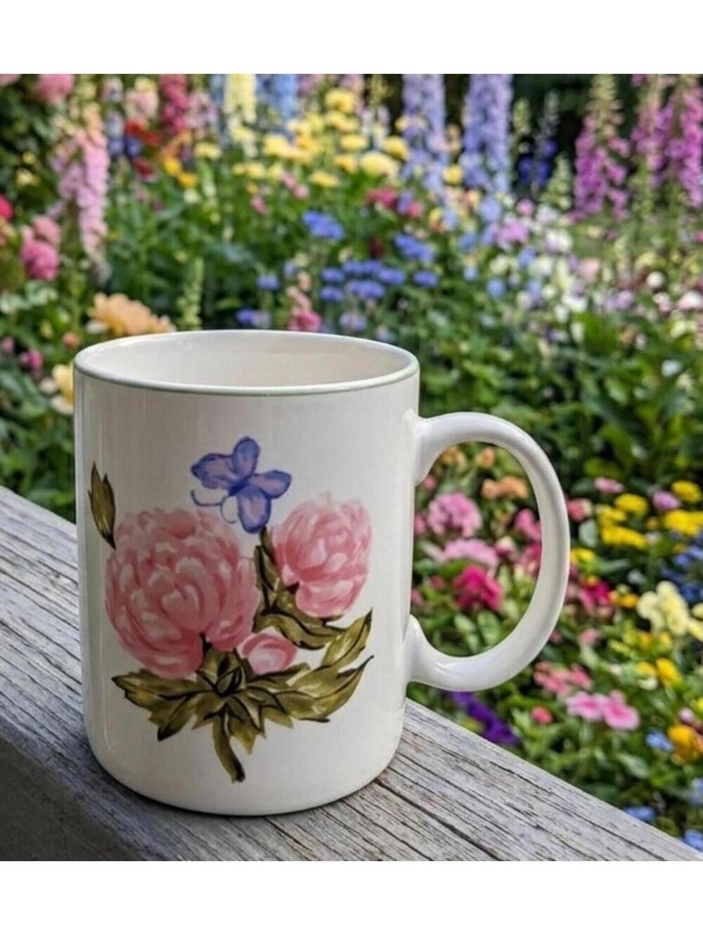 Tabletops Unlimited Botanical Garden Jumbo Mug 16oz Pink Peony Butterfly Cottage